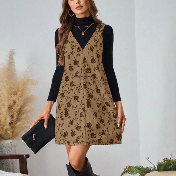 Boho Floral print Corduroy Sleeveless Mini Dress - Picture 4 of 6